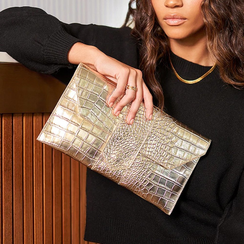 NWT JJ Winters Nikki Platinum Faux Croc Clutch Textured Envelope Bag Purse